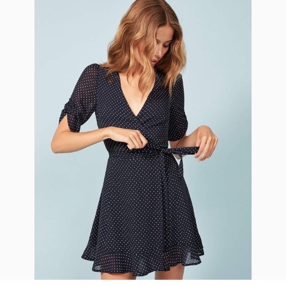 reformation polka dot wrap dress